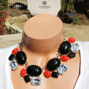 Huge Boho Bead Faux Crystal Necklace Red Black NWT
